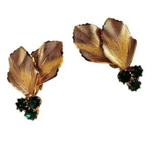 Vintage Gold Leaf & Emerald Green Rhinestone Clip-On Earrings
